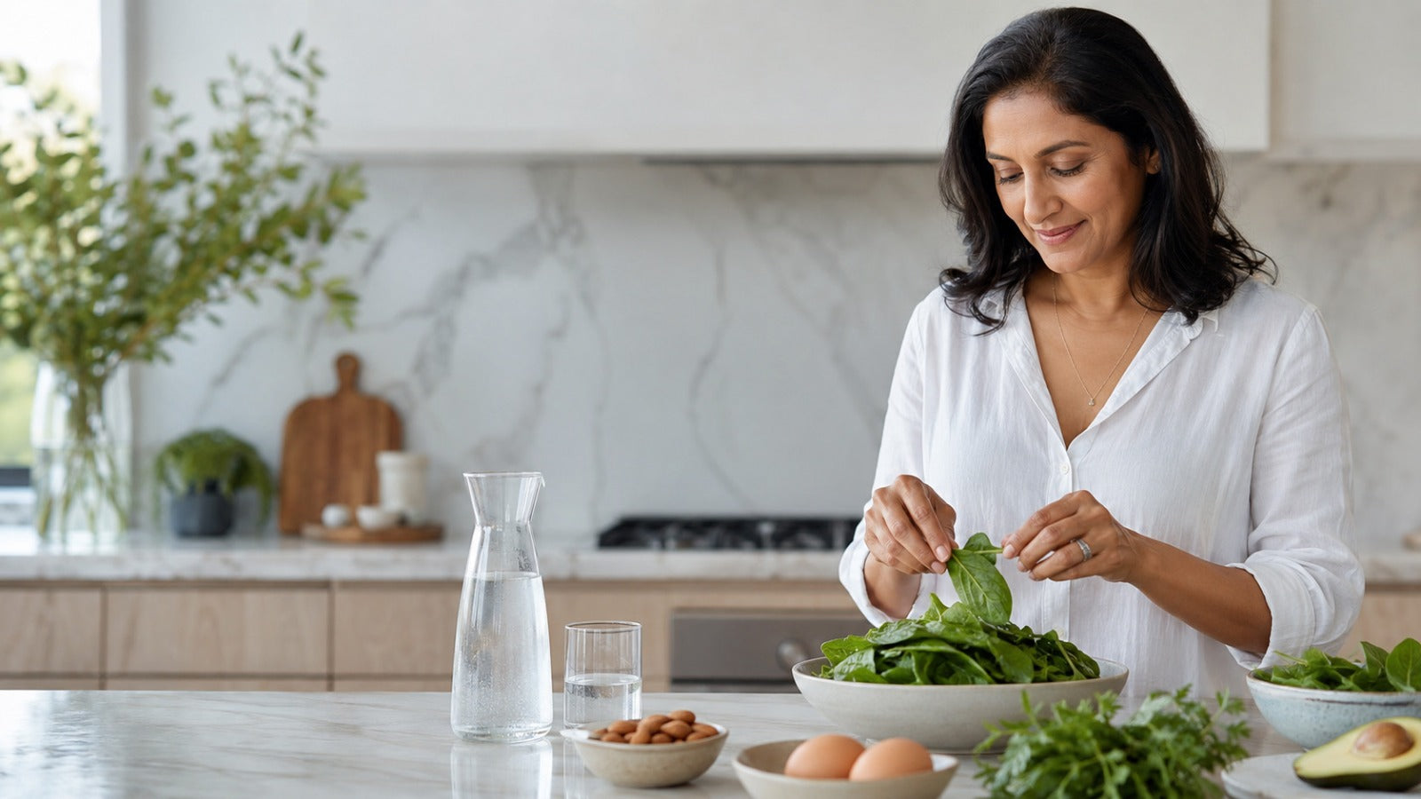 A South Asian woman in her mid 40s preparing a balanced, hydrating meal with magnesium- and riboflavin-rich foods for 