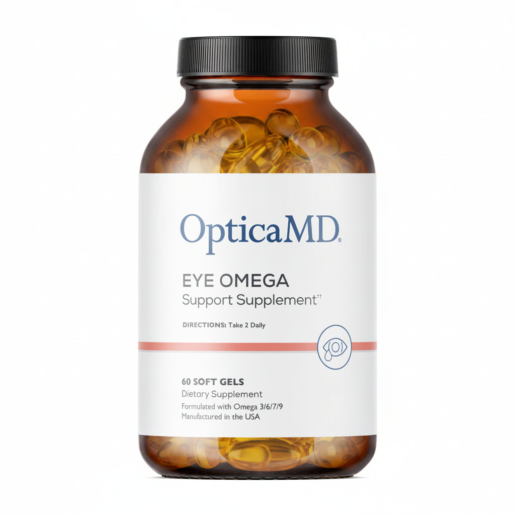 OpticaMD Eye Omega Support Supplement bottle on a white background