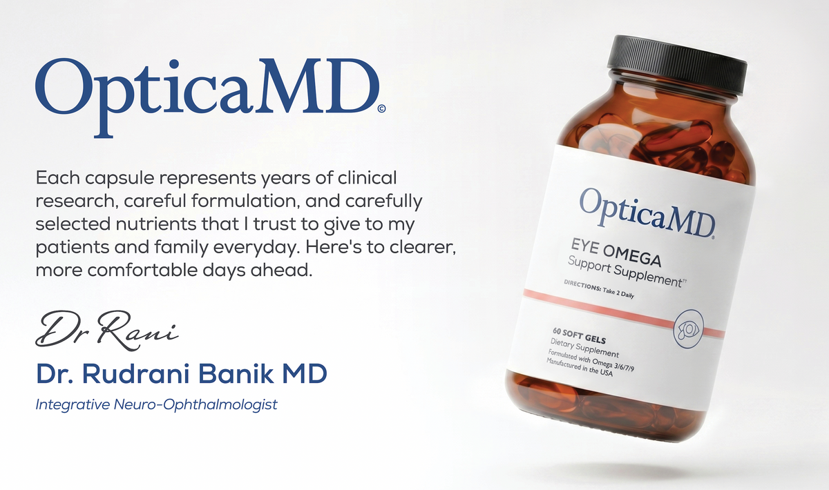 OpticaMD eye omega support supplement bottle with text about clinical research and Dr. Rudrani Banik MD's endorsement on a white background.