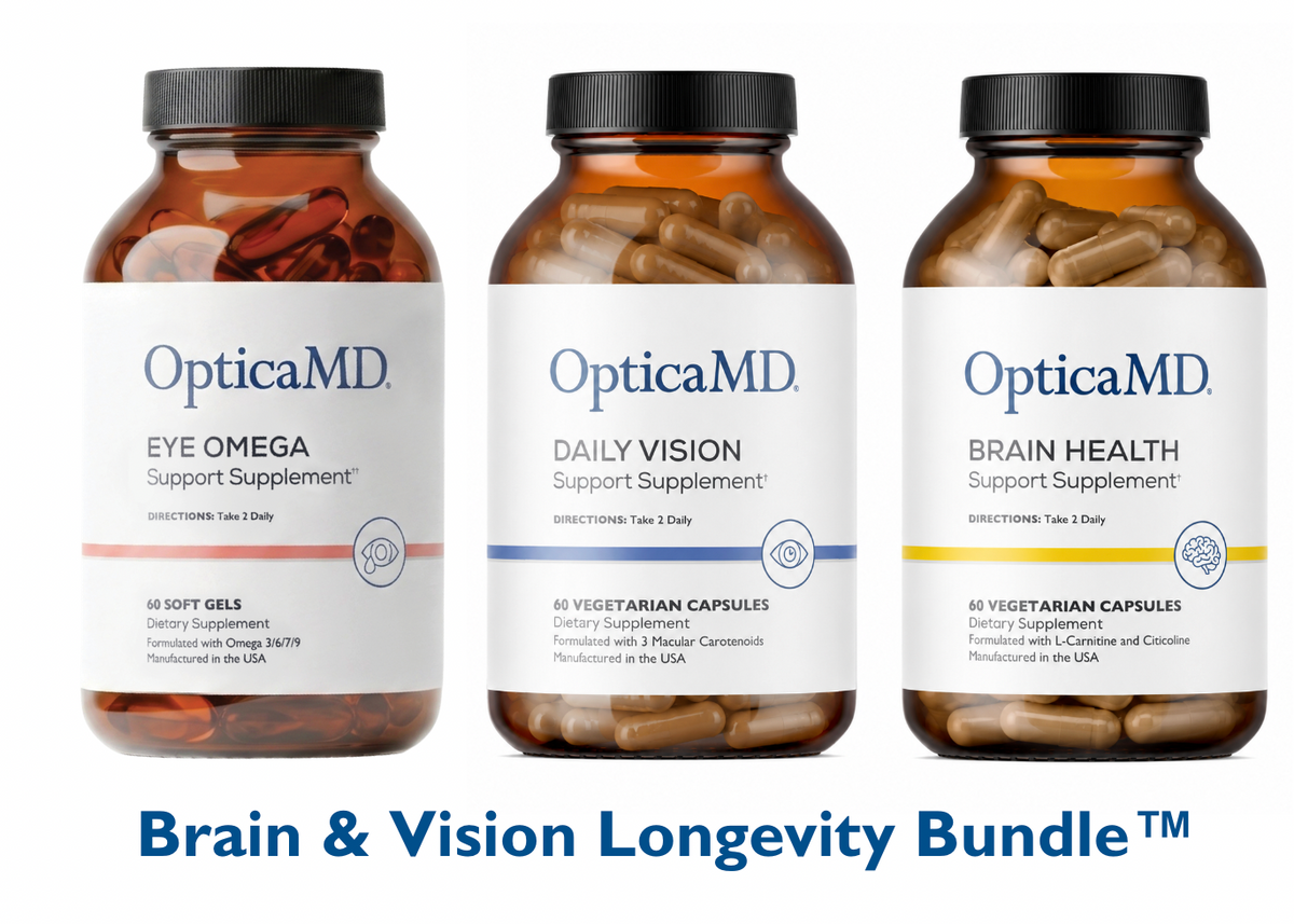 Three bottles of OpticaMD supplements on a white background
