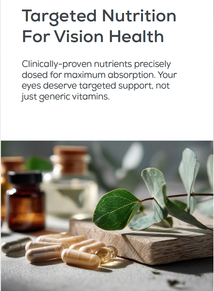 Vitamins and capsules with a focus on vision health, featuring text about targeted nutrition.