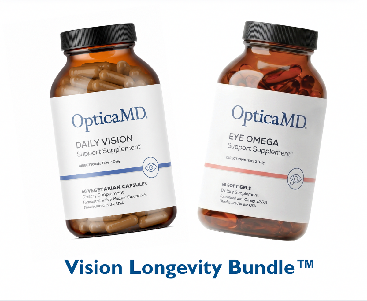 Two bottles of OpticaMD supplements on a white background