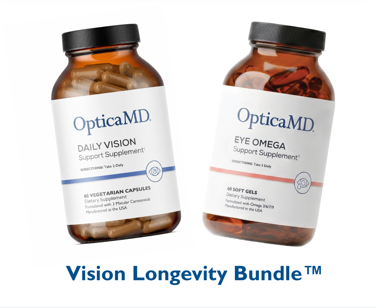 Two bottles of OpticaMD supplements on a white background