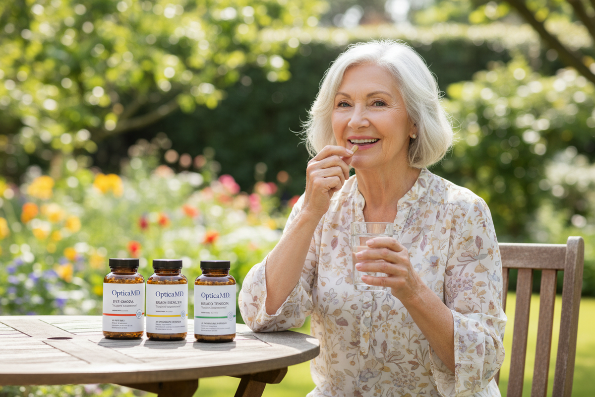 Woman taking OpticaMD's supplements outdoors